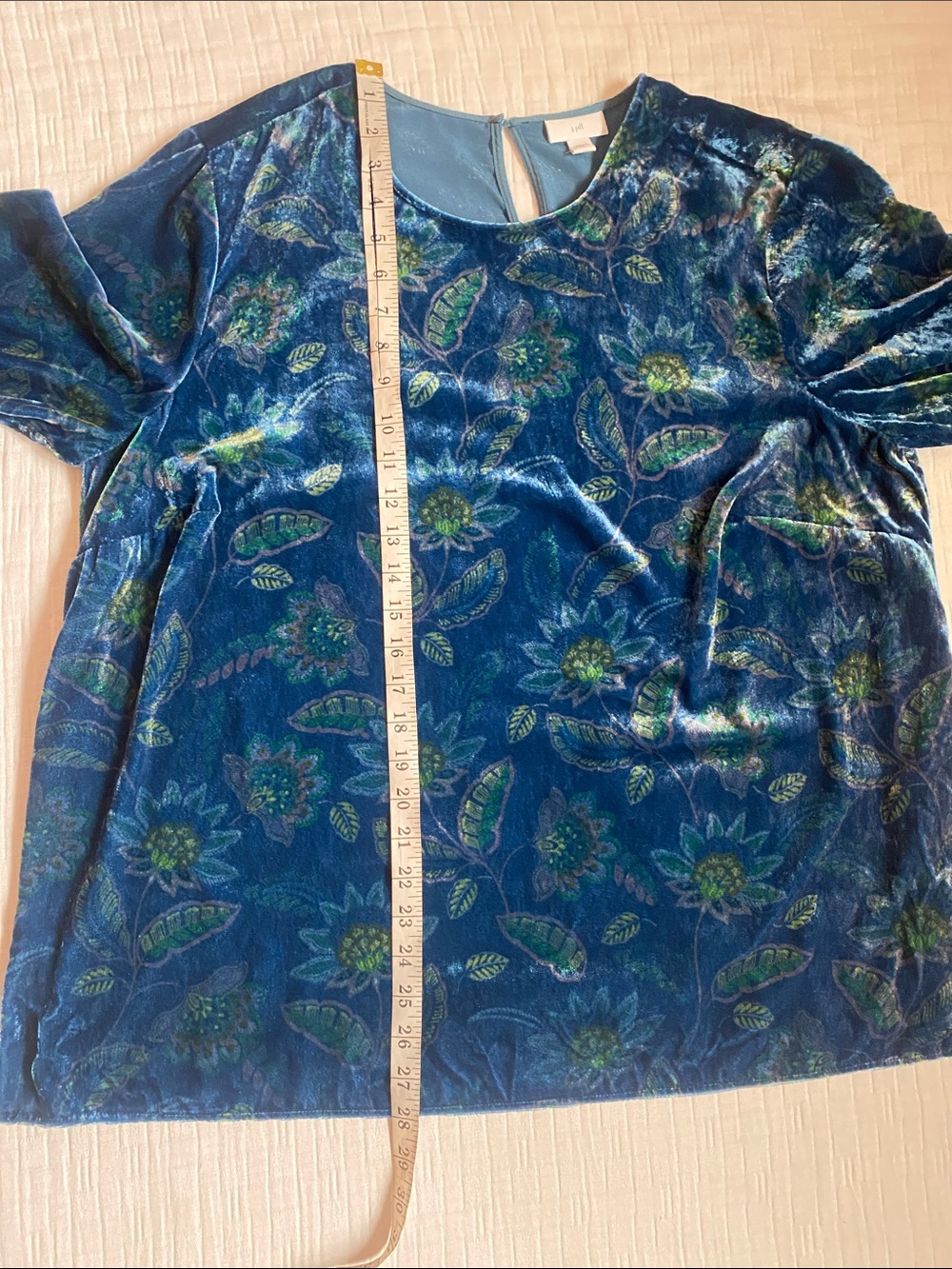 J. Jill Blue Floral Velvet 3/4 Sleeves Top with Green Accents - Picture 7 of 9